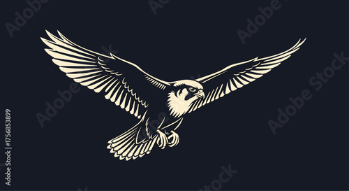 An artistic illustration of a falcon soaring through the dark sky with its wings spread wide.