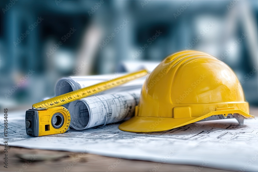 Fototapeta premium Construction tools on blueprints tape measure, yellow hard hat, and rolled plans