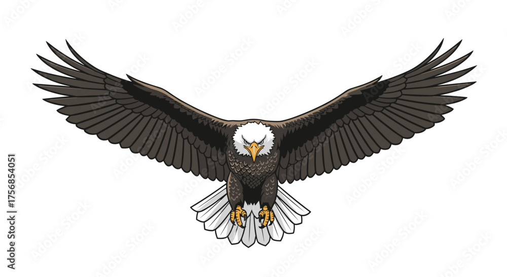 Fototapeta premium The majestic bald eagle soars through the sky with its wings spread wide.