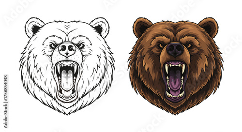 The ferocious grizzly bear with its mouth open showing its sharp teeth.