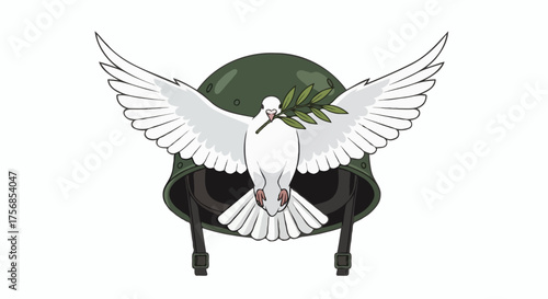 White peace dove with olive branch over military helmet. Vector graphic symbolizing hope, reconciliation, and global harmony