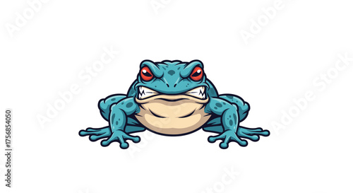 A pixel art illustration of an angry blue frog with red eyes sitting on a white background.