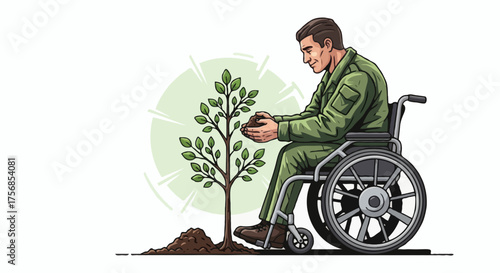 Veteran in wheelchair plants tree, symbolizing resilience, hope, growth, and rehabilitation via nature's embrace