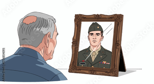 Timeless Valor An Older Man Reflects on His Youthful Military Service as He Looks at a Portrait of Himself in Uniform