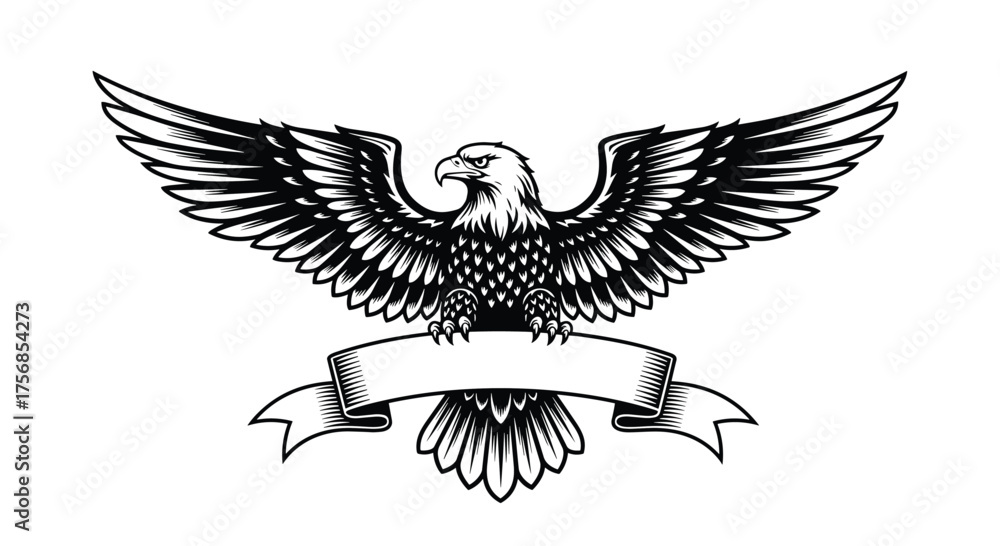 Fototapeta premium Majestic eagle with outstretched wings and a banner below for text.