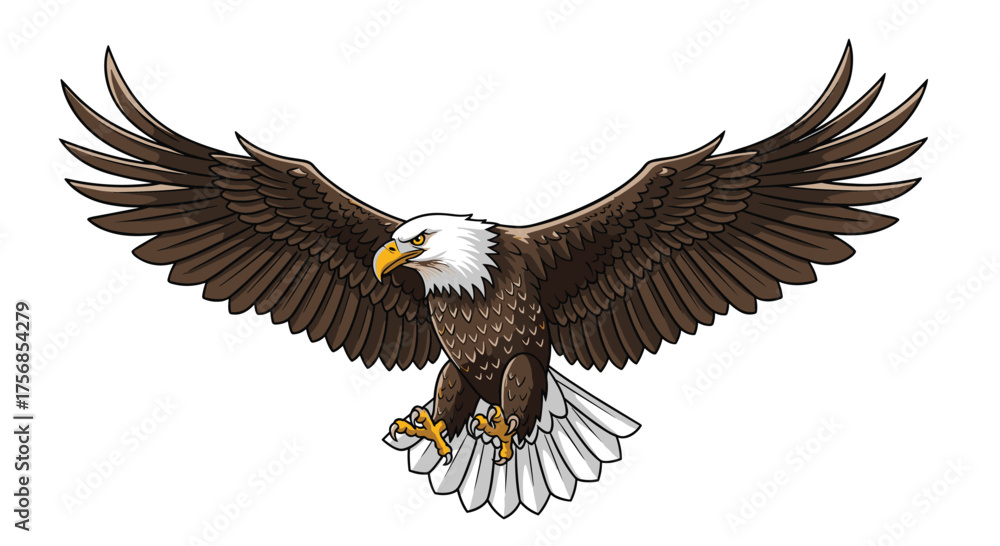 Obraz premium A majestic bald eagle with outstretched wings prepares to land with talons extended.