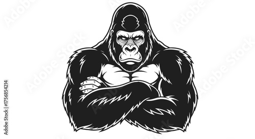 Powerful gorilla with arms crossed showing off its muscular physique and intimidating expression.