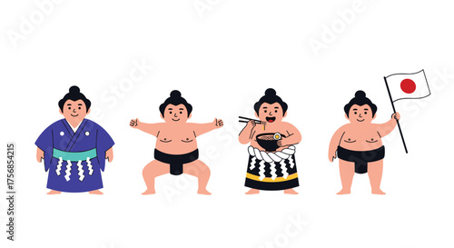Four sumo wrestlers in traditional attire holding a Japanese flag and food.