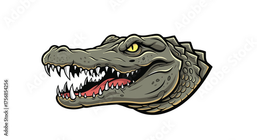 A fearsome alligator head with sharp teeth and yellow eyes opens its mouth.