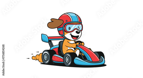Cute cartoon dog wearing helmet driving a go-kart race car.