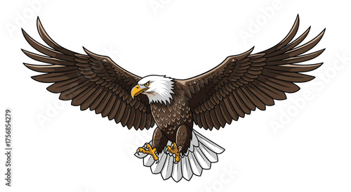 A majestic bald eagle with outstretched wings prepares to land with talons extended.