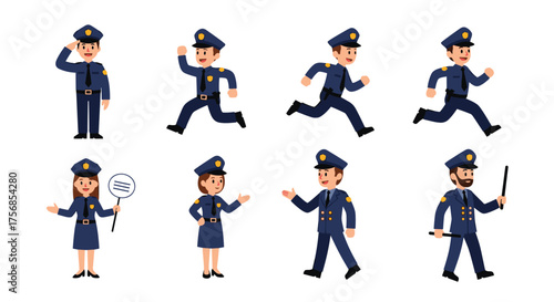 Collection of police officers in various poses and activities on a white background.