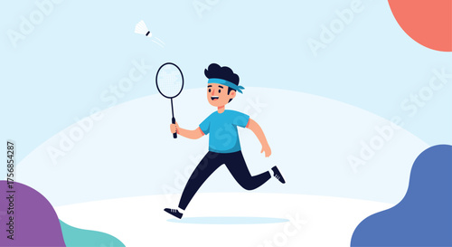 Young boy playing badminton in a park on a sunny day.