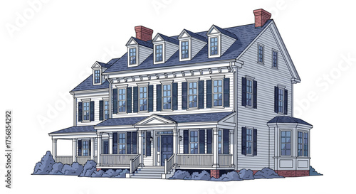 A grand old house with a wraparound porch and dormer windows.