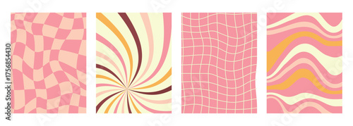 Collection of four retro abstract backgrounds featuring a spiral burst, wavy checkerboard, curved stripes, and warped grid in warm vintage tones