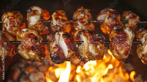 Roasted chickens turning on skewers over a rotisserie flame
