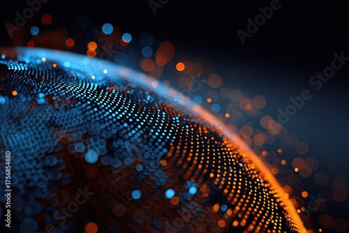 Abstract representation of a sphere composed of countless glowing particles in shades of blue and orange