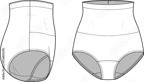 cad drawing flat vector illustration, high waist shapewear panty template, women lingerie design, seamless underwear fashion technical sketch