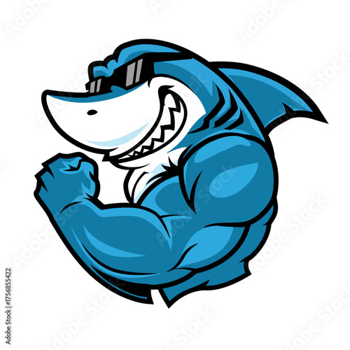 Strong cartoon shark character illustration flexing bicep muscles and wearing cool sunglasses, representing power, confidence, and a dynamic aquatic spirit, ideal for team mascots or bold branding
