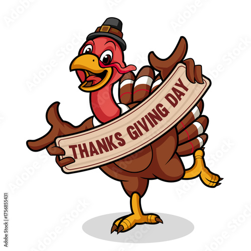 Adorable cartoon turkey mascot illustration wearing a pilgrim hat and holding a festive banner for autumn holiday designs, harvest season, and seasonal greetings