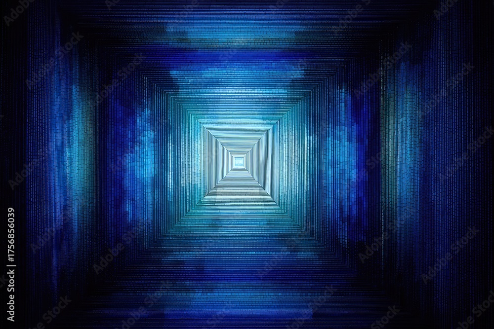 Fototapeta premium An abstract, luminous corridor tunnel, with a square opening in the distance, filled with blue light