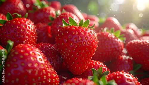 Close-up of ripe, red strawberries piled high, showcasing seeds and green stems, with sunlight filtering through the background