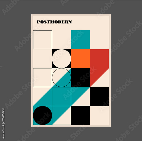 Poster inspired postmodern of vector abstract dynamic symbols with bold geometric shapes, useful for web background, poster art design, magazine front page, hi-tech print, cover artwork