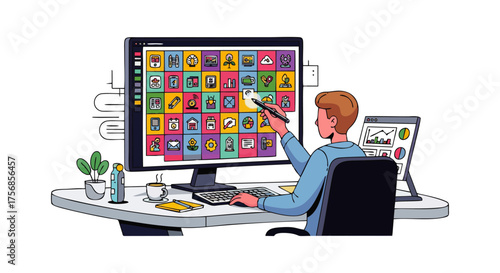 A person is interacting with a digital display showcasing a grid of colorful, stylized icons representing various digital assets or collectibles, suggesting ...