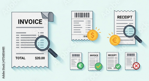 Invoice and receipt document with magnifying glass, coin and check mark for business and finance concept