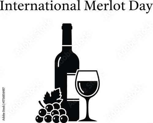 International merlot day illustration with wine bottle, glass, and grapes celebrating red wine culture
