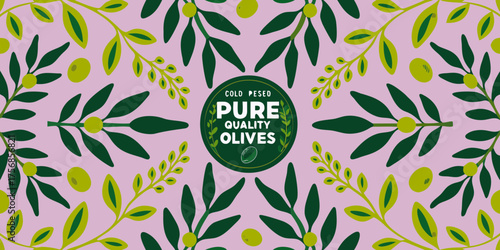 Decorative pattern of olive branches with pure quality olives label on pink background