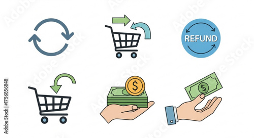 Illustration of money back guarantee concept includes icons for return, refund, shopping cart, and money transaction