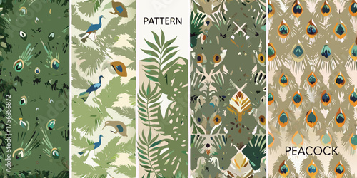 Collection of five vertical seamless patterns featuring peacock feathers tropical leaves and birds in a green color palette