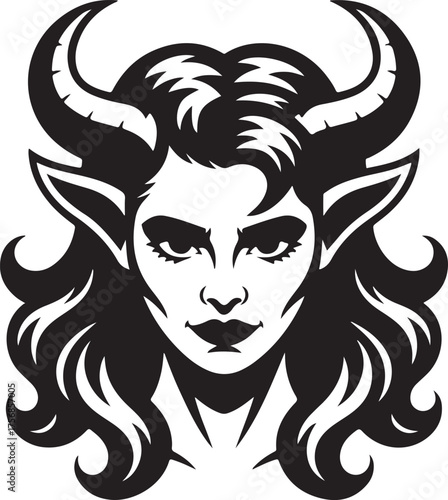 Female Demon with Horns and Wavy Hair Silhouette Fantasy Character