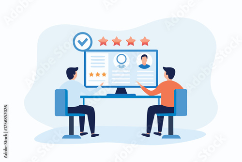 Two people reviewing online profiles and customer feedback with star ratings and a checkmark on a computer screen
