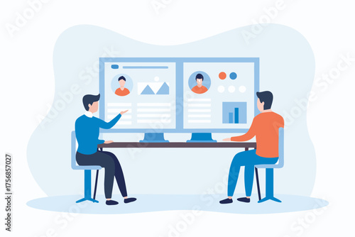 Two people collaborating and discussing data on a large computer screen with charts and profiles