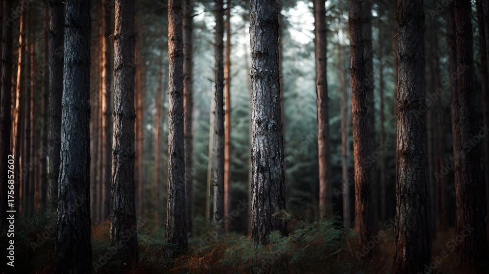 Fototapeta premium A dense forest of tall pine trees bathed in warm atmospheric afternoon sunlight highlighting rich textures and natural depth