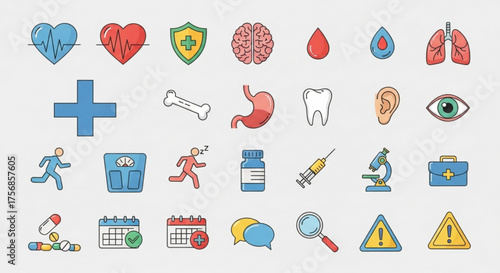 Collection of medical icons on a light background, representing healthcare, anatomy, and various aspects of health and wellness