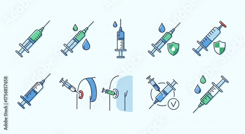 Vaccination and immunization icons set featuring syringes, drops, and shields, representing protection against diseases