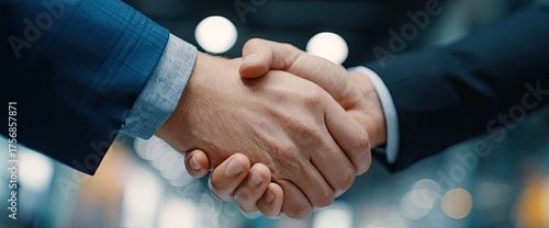Two people in suits shaking hands, symbolizing agreement or partnership. Focus on the intertwined hands