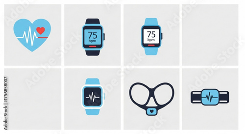 Collection of heart rate monitoring designs heart beat pulse, smartwatch, finger touch, and heart shape with heartbeat line