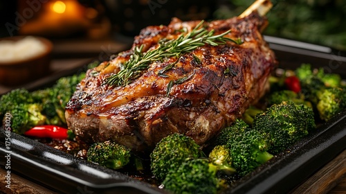 Roasted lamb leg arranged on heated tray with broccoli