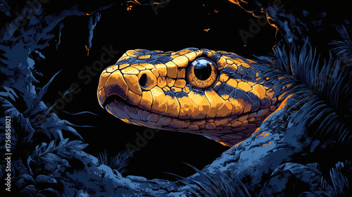 Serpent head coiled with intense expression