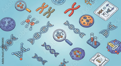 Seamless pattern of hand drawn science elements such as dna, cells, molecules, chromosomes, petri dishes, test tubes and magnifying glass on blue background