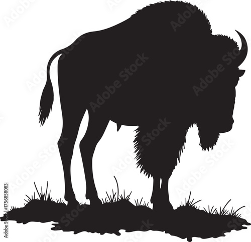 Black silhouette of a bison standing on grass buffalo