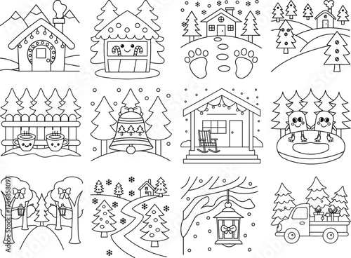 Charming Christmas Winter Scenes Coloring Pages Collection call illustration