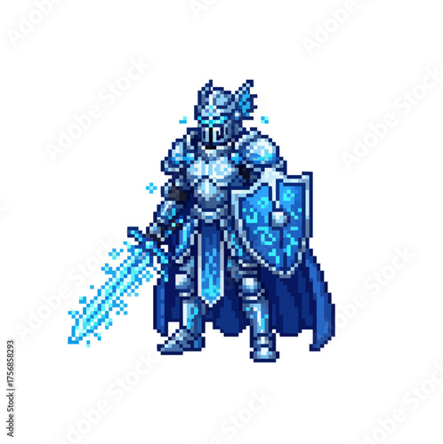 pixel art ice knight in glowing blue armor fantasy