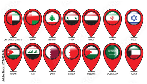 set of map pointers with Middle east country flags