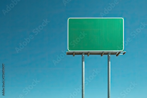 A blank, rectangular green sign atop metal poles against a cloudless, deep blue sky