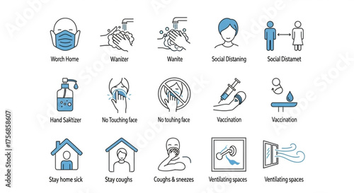 Collection of vector icons depicting safety measures against viruses includes washing hands, wearing masks, social distancing, and vaccination